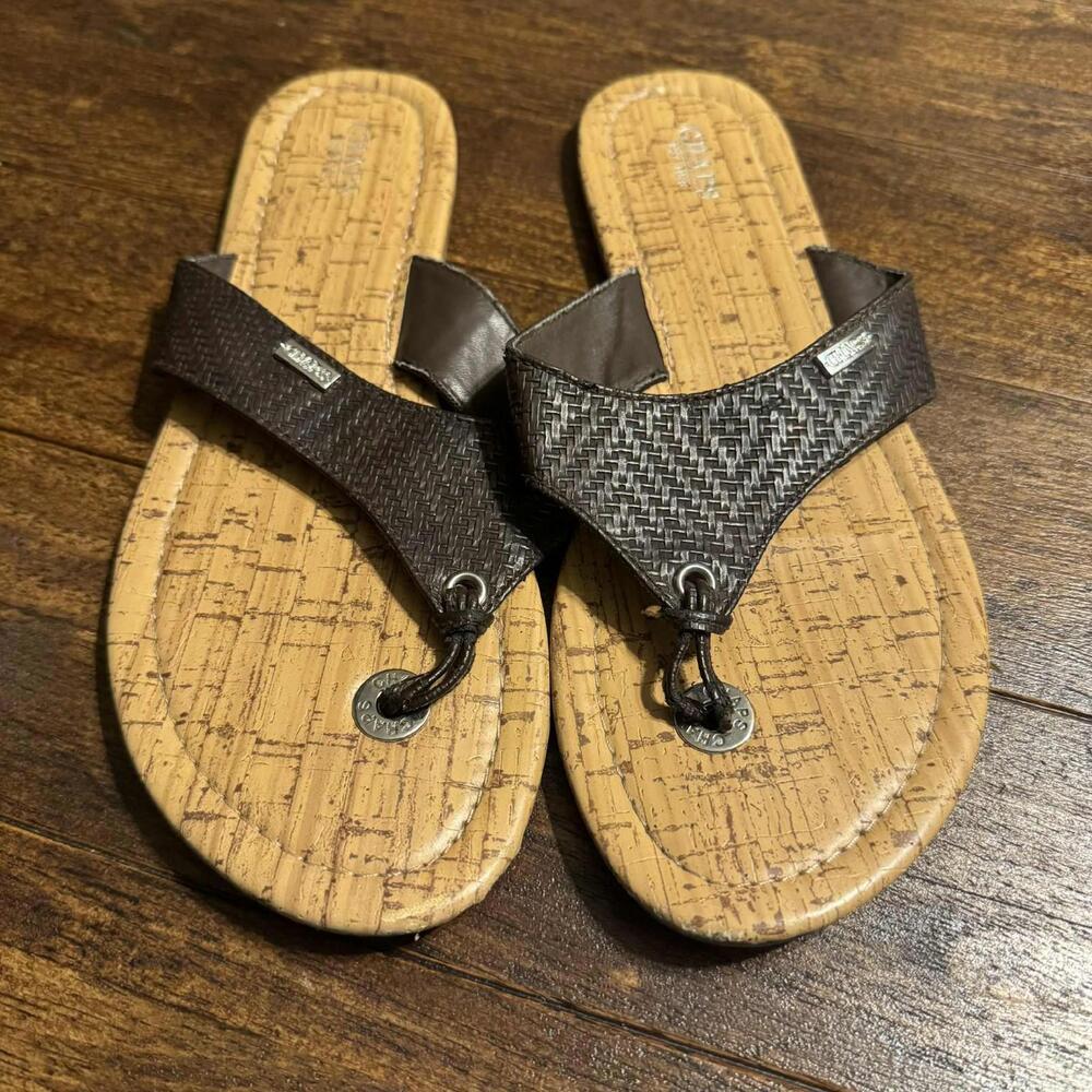 VTG Chaps Navy Blue Woven MM Leather/Cork Logo Flip Flops Flats Women's Size 10